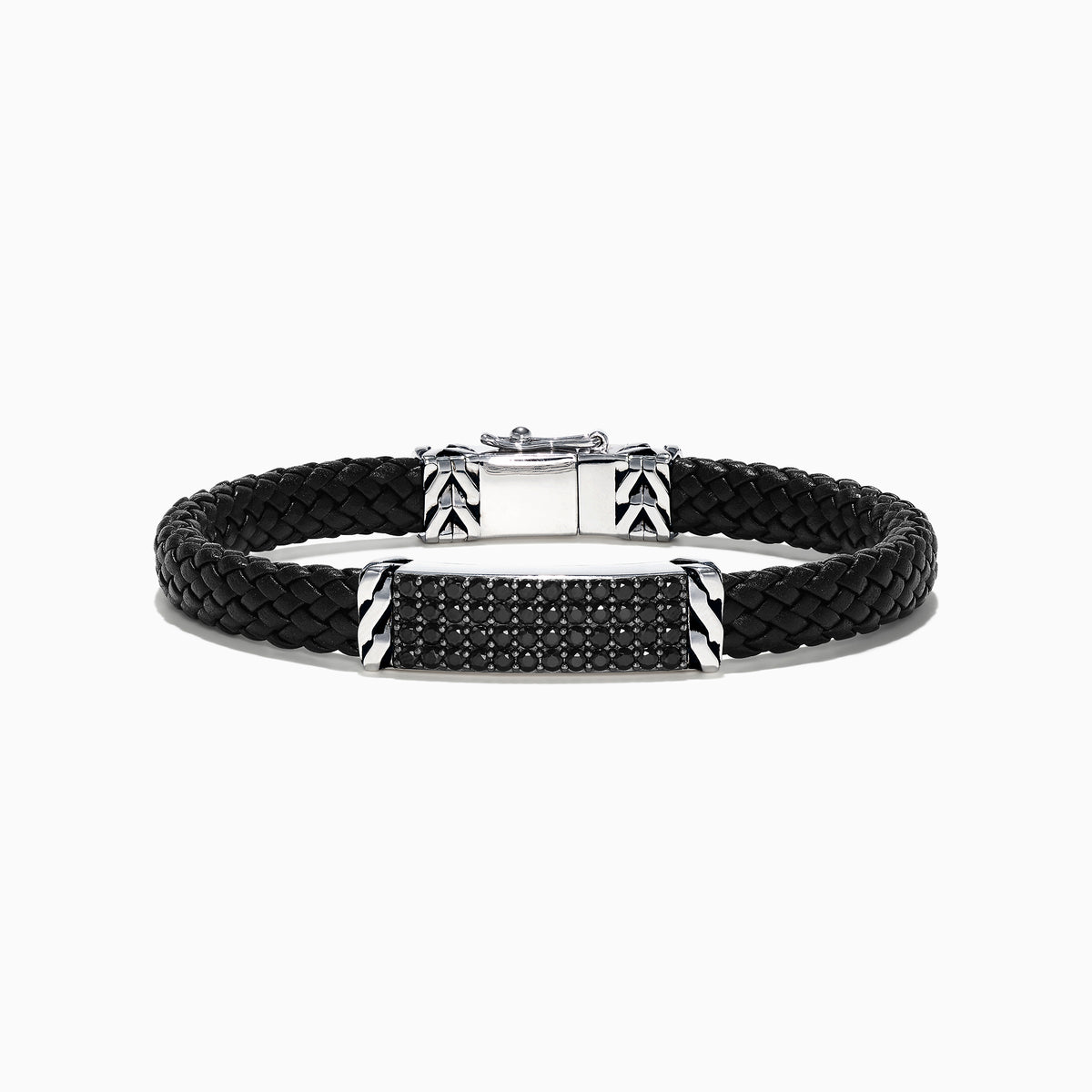 The Mens Sterling Silver Black Spinel Leather Bracelet, 2.11 TCW, features a black braided leather band with a rectangular silver clasp and center bar set with small black spinels, plus geometric details on the silver accents.