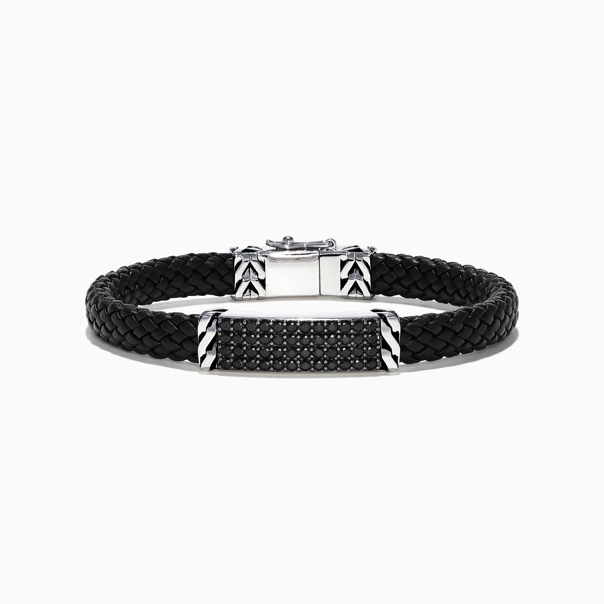 The Mens Sterling Silver Black Spinel Leather Bracelet, 2.11 TCW, features a black braided leather band with a rectangular silver clasp and center bar set with small black spinels, plus geometric details on the silver accents.