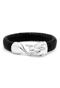 The Mens 925 Sterling Silver and Genuine Italian Leather Bracelet features a black braided band, a silver lion head clasp, and a smooth hook closure. Displayed on a white background.