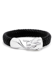 The Mens 925 Sterling Silver and Genuine Italian Leather Bracelet features a black braided band, a silver lion head clasp, and a smooth hook closure. Displayed on a white background.