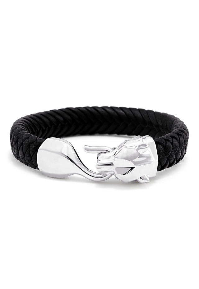 The Mens 925 Sterling Silver and Genuine Italian Leather Bracelet features a black braided band, a silver lion head clasp, and a smooth hook closure. Displayed on a white background.