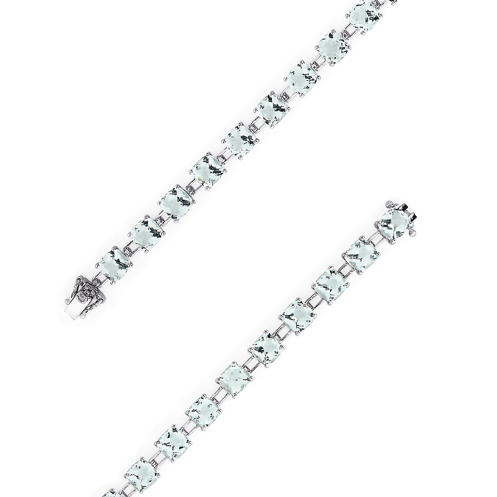 The 14K White Gold Green Amethyst Tennis Bracelet, 13.70 TCW, displays square-cut gemstones in a continuous, elegant line on a white background.