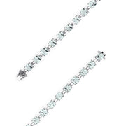 The 14K White Gold Green Amethyst Tennis Bracelet, 13.70 TCW, displays square-cut gemstones in a continuous, elegant line on a white background.