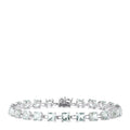 The 14K White Gold Green Amethyst Tennis Bracelet, 13.70 TCW, displays square-cut gemstones in a continuous, elegant line on a white background.