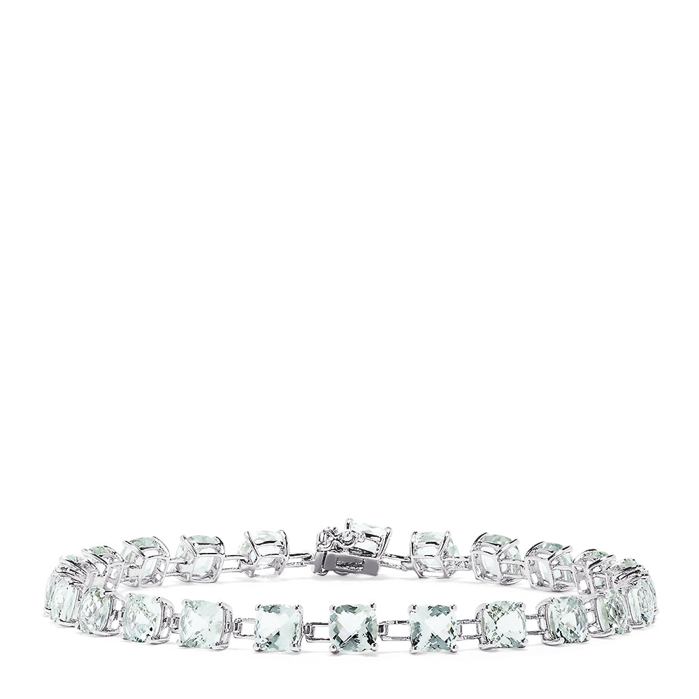 The 14K White Gold Green Amethyst Tennis Bracelet, 13.70 TCW, displays square-cut gemstones in a continuous, elegant line on a white background.