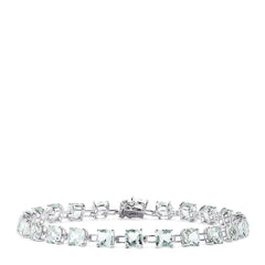 The 14K White Gold Green Amethyst Tennis Bracelet, 13.70 TCW, displays square-cut gemstones in a continuous, elegant line on a white background.
