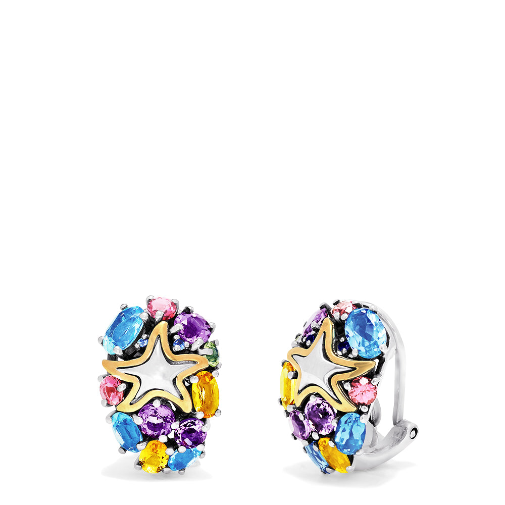 The Seaside Sterling Silver Multi Gemstone Starfish Earrings, 5.20 TCW, showcase a gold starfish center with blue, pink, yellow, purple, and green gemstones for a vibrant and elegant look.