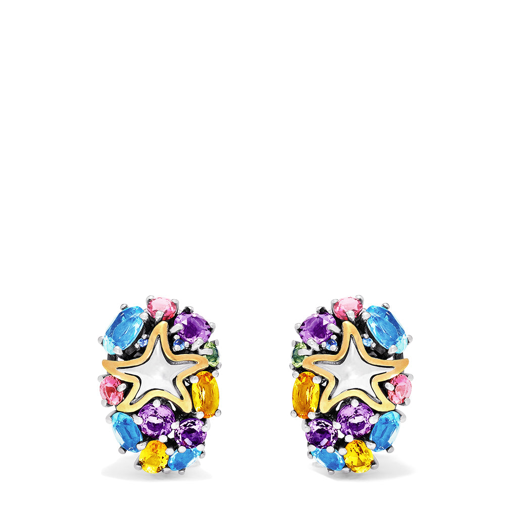 The Seaside Sterling Silver Multi Gemstone Starfish Earrings, 5.20 TCW, showcase a gold starfish center with blue, pink, yellow, purple, and green gemstones for a vibrant and elegant look.