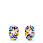 The Seaside Sterling Silver Multi Gemstone Starfish Earrings, 5.20 TCW, showcase a gold starfish center with blue, pink, yellow, purple, and green gemstones for a vibrant and elegant look.
