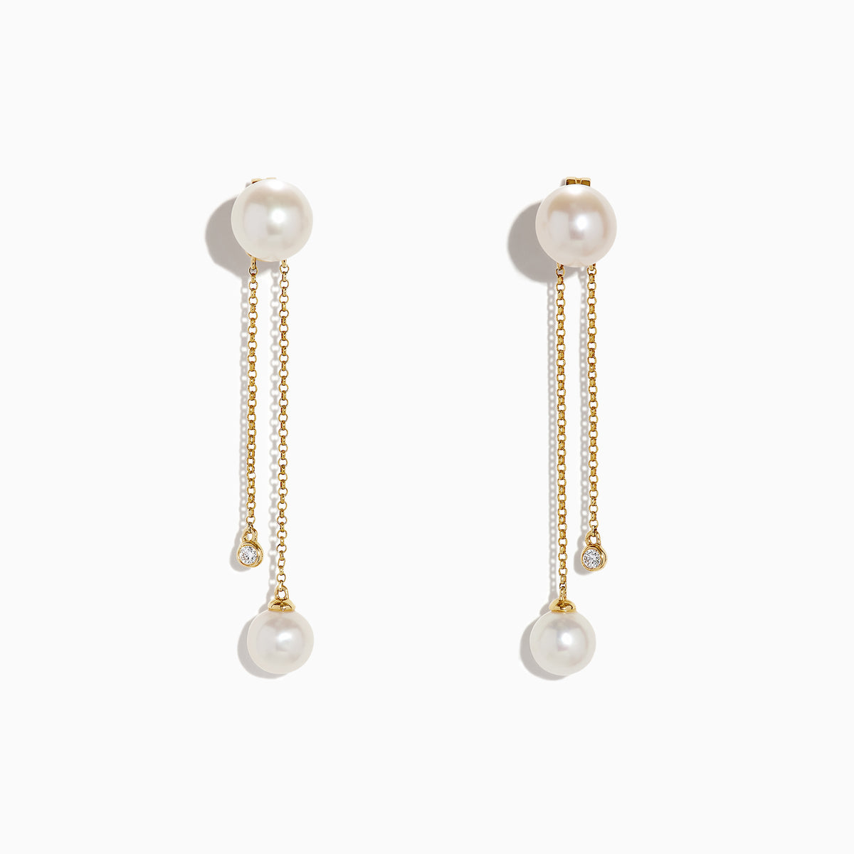 14K Yellow Gold Diamond and Fresh Water Pearl Drop Earrings (0.05 TCW), each with a pearl stud, a delicate chain with pearl drop, and a shorter chain set with a small round diamond, shown on a white background.