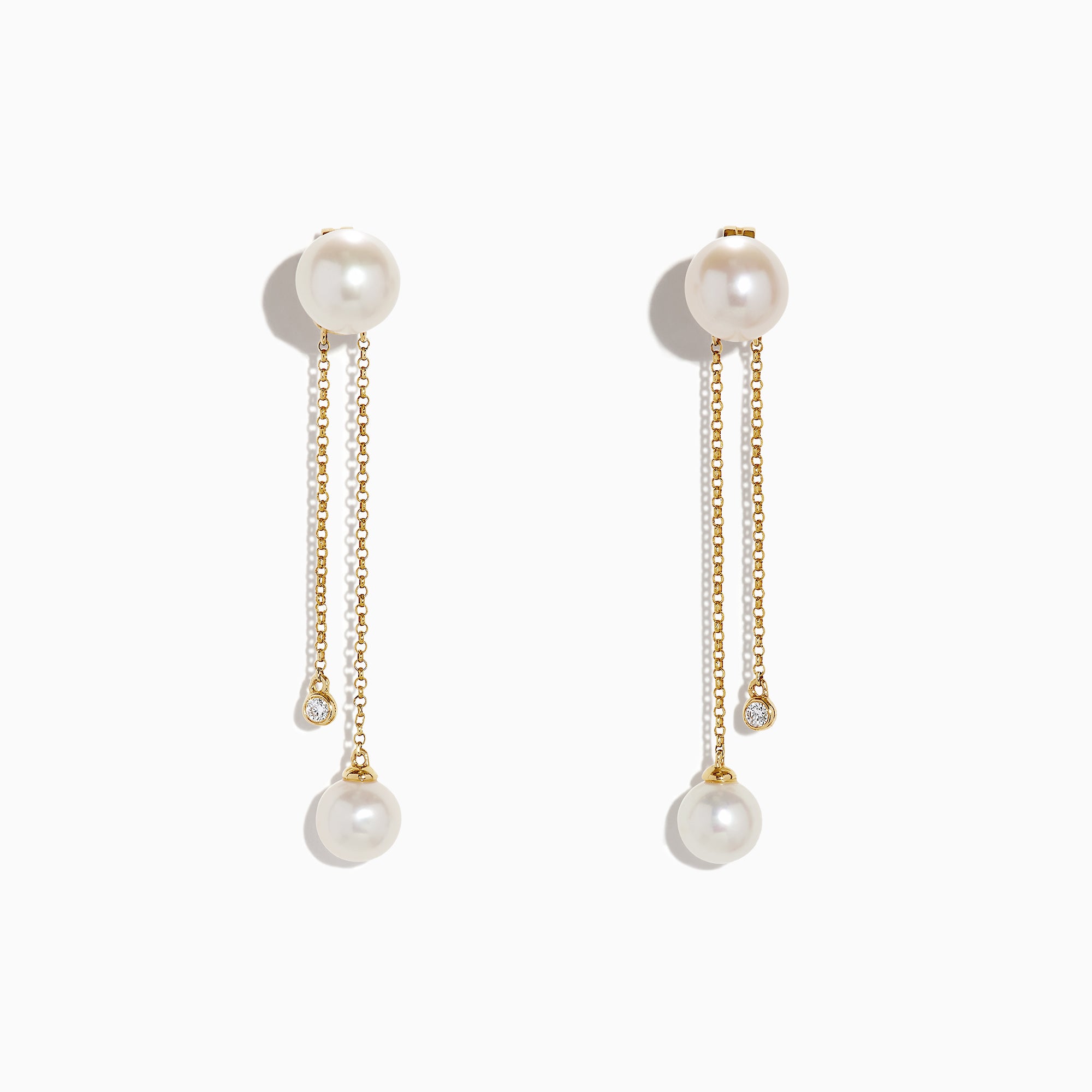 14K Yellow Gold Diamond and Fresh Water Pearl Drop Earrings (0.05 TCW), each with a pearl stud, a delicate chain with pearl drop, and a shorter chain set with a small round diamond, shown on a white background.