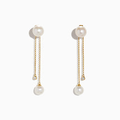 14K Yellow Gold Diamond and Fresh Water Pearl Drop Earrings (0.05 TCW), each with a pearl stud, a delicate chain with pearl drop, and a shorter chain set with a small round diamond, shown on a white background.