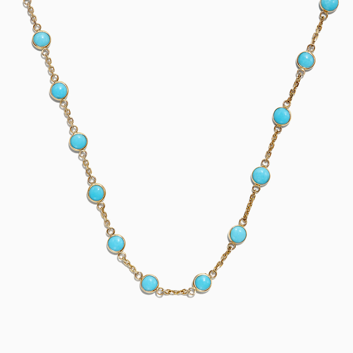 The 14K Yellow Gold Turquoise Necklace, 7.75 TCW, showcases evenly spaced round turquoise stones set in yellow gold bezels, displayed on a white background.