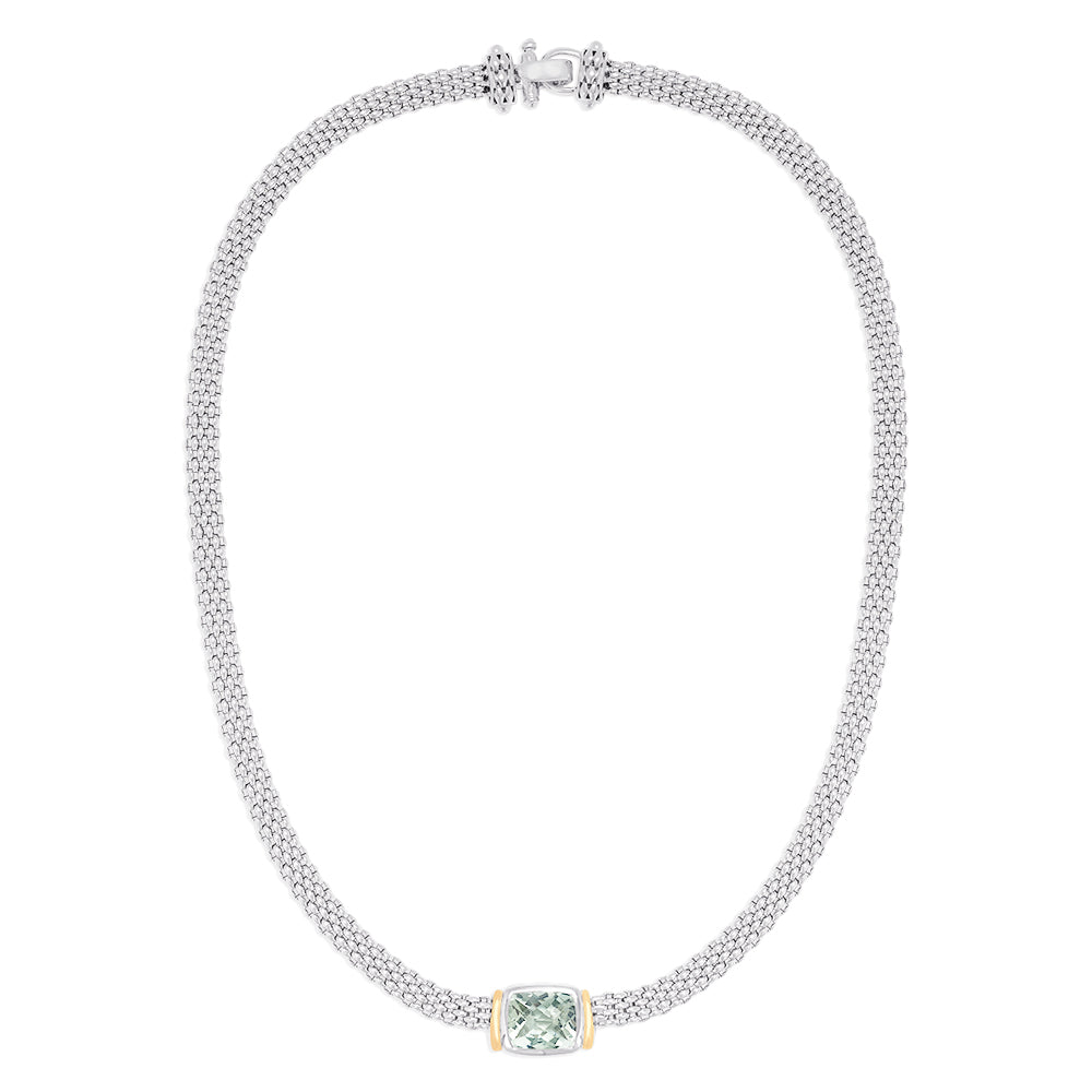 The 925 Sterling Silver and 18K Gold Green Amethyst Necklace, 4.70 TCW, features a square green amethyst set in an 18K gold bezel at the center of a woven sterling silver chain.
