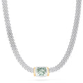 The 925 Sterling Silver and 18K Gold Green Amethyst Necklace, 4.70 TCW, features a square green amethyst set in an 18K gold bezel at the center of a woven sterling silver chain.