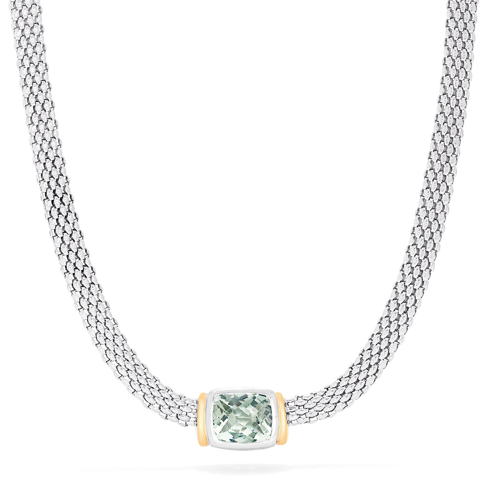 The 925 Sterling Silver and 18K Gold Green Amethyst Necklace, 4.70 TCW, features a square green amethyst set in an 18K gold bezel at the center of a woven sterling silver chain.