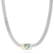 The 925 Sterling Silver and 18K Gold Green Amethyst Necklace, 4.70 TCW, features a square green amethyst set in an 18K gold bezel at the center of a woven sterling silver chain.