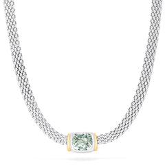 The 925 Sterling Silver and 18K Gold Green Amethyst Necklace, 4.70 TCW, features a square green amethyst set in an 18K gold bezel at the center of a woven sterling silver chain.