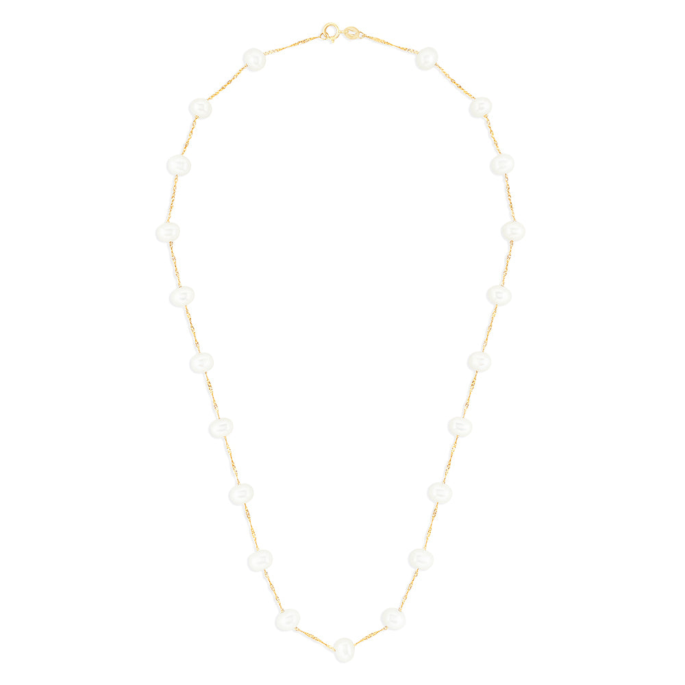 The 14K Yellow Gold Fresh Water Cultured Pearl 18 Necklace features evenly spaced round pearls with subtle variations, creating a simple, elegant look. Pearls are set on a delicate yellow gold chain and displayed against a plain white background.