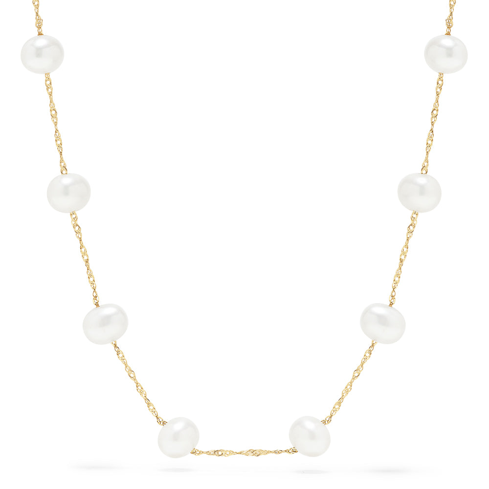 The 14K Yellow Gold Fresh Water Cultured Pearl 18 Necklace features evenly spaced round pearls with subtle variations, creating a simple, elegant look. Pearls are set on a delicate yellow gold chain and displayed against a plain white background.