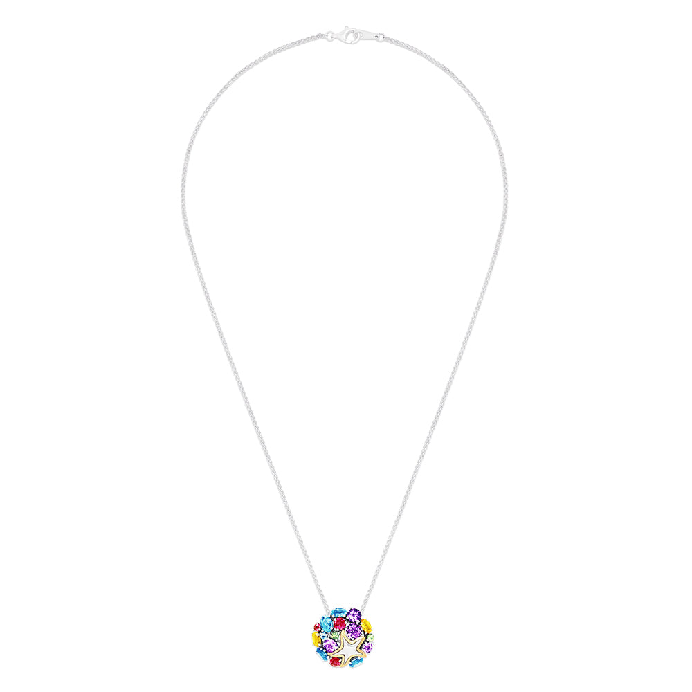 The Seaside Sterling Silver Multi Gemstone Starfish Pendant, 4.50 TCW, features a starfish design set in sterling silver and adorned with colorful gemstones.