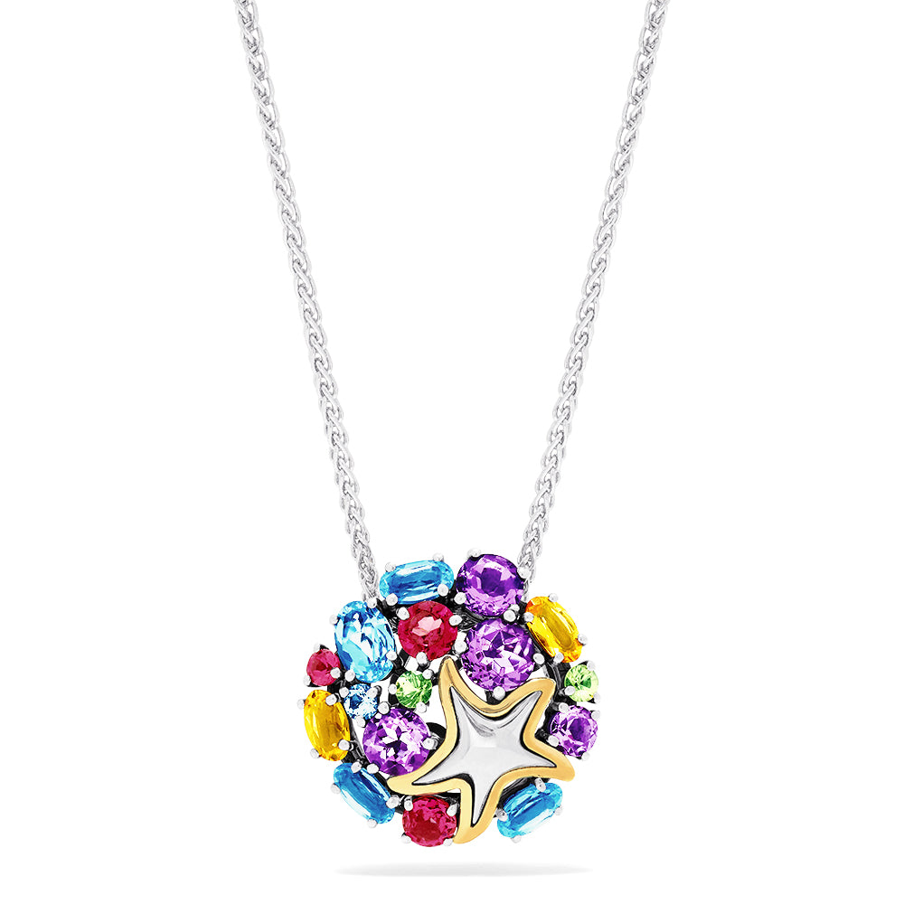 The Seaside Sterling Silver Multi Gemstone Starfish Pendant, 4.50 TCW, features a starfish design set in sterling silver and adorned with colorful gemstones.
