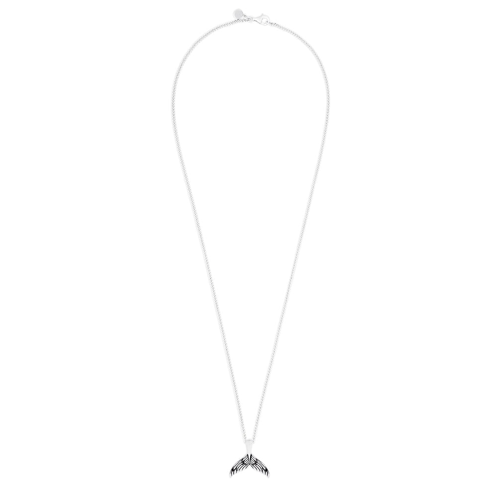 The Mens Sterling Silver Whales Tail Pendant features a sleek, thin chain and a small whale tail charm, shown against a simple white backdrop.