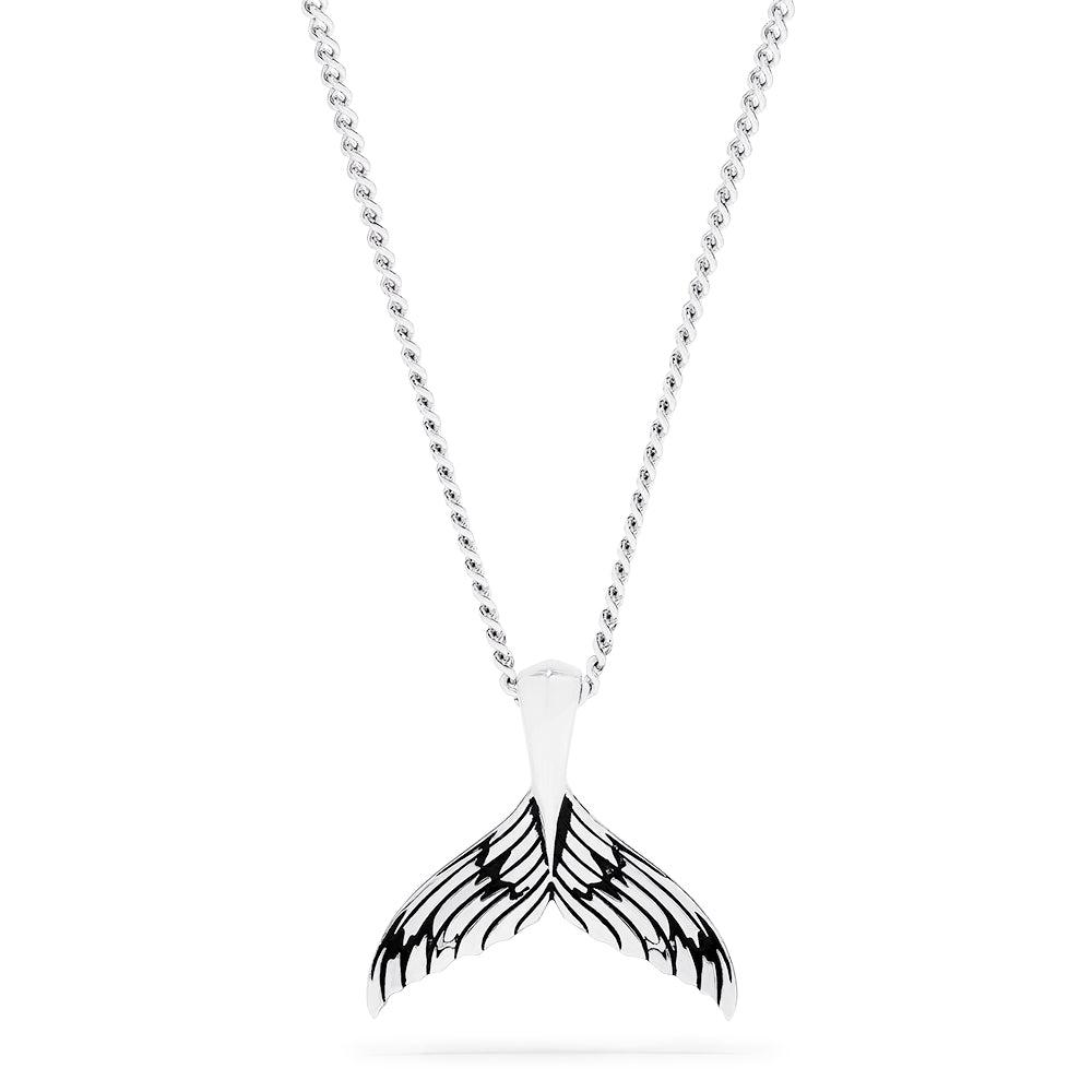 Mens Sterling Silver Whales Tail Pendant features engraved black lines highlighting the tail’s details, shown on a plain white background.