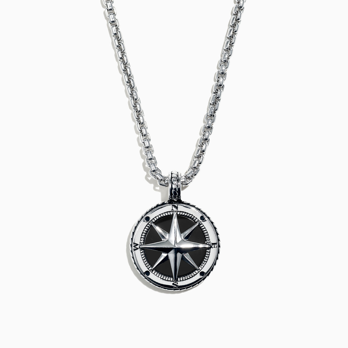 A Mens Sterling Silver Onyx Compass Pendant, 4.00 TCW, featuring a round design is shown on a silver chain and photographed on a white background.