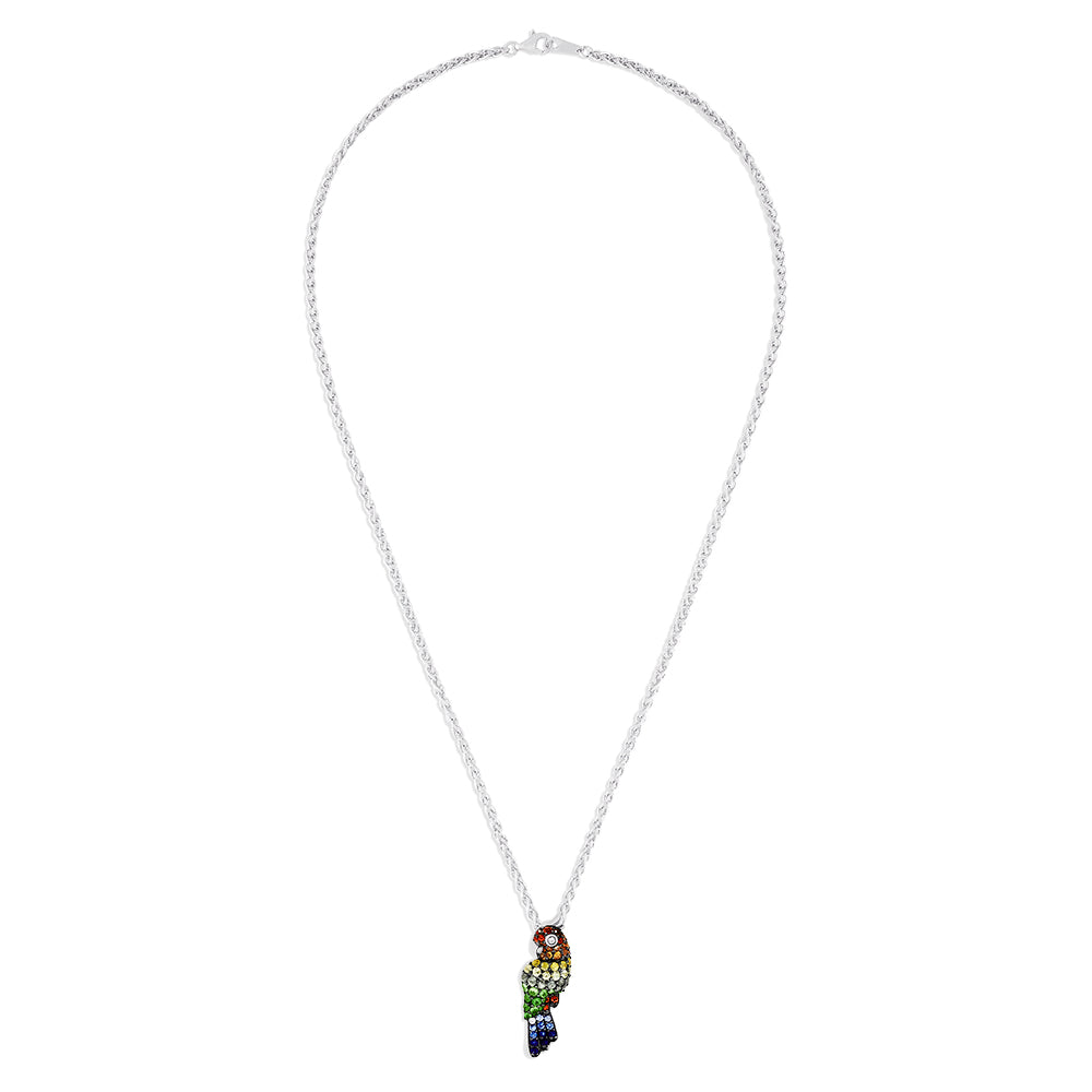 A 925 sterling silver necklace featuring a parrot pendant adorned with multi-color sapphires (1.90 TCW) in red, yellow, green, blue, and orange to beautifully mimic the birds vibrant feathers.