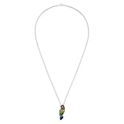 A 925 sterling silver necklace featuring a parrot pendant adorned with multi-color sapphires (1.90 TCW) in red, yellow, green, blue, and orange to beautifully mimic the birds vibrant feathers.