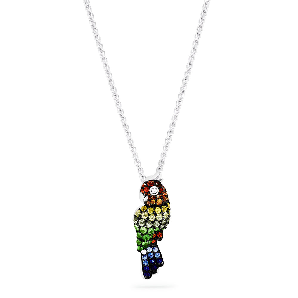 A 925 sterling silver necklace featuring a parrot pendant adorned with multi-color sapphires (1.90 TCW) in red, yellow, green, blue, and orange to beautifully mimic the birds vibrant feathers.