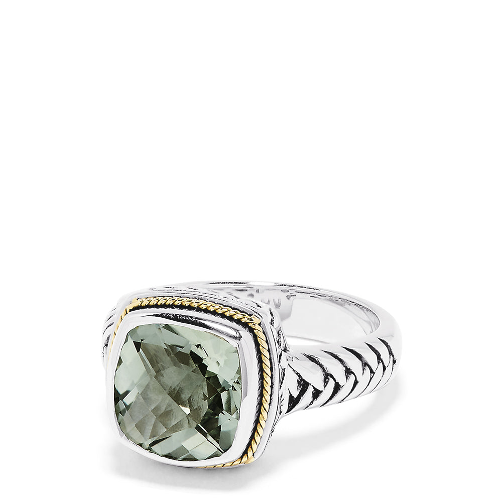 The 925 Sterling Silver and 18K Yellow Gold Green Amethyst Ring, 3.90 TCW, showcases a cushion-cut pale green gemstone bordered by yellow gold and set on textured sterling silver bands.