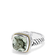 The 925 Sterling Silver and 18K Yellow Gold Green Amethyst Ring, 3.90 TCW, showcases a cushion-cut pale green gemstone bordered by yellow gold and set on textured sterling silver bands.