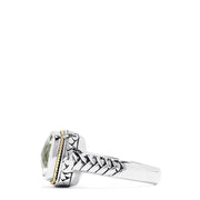 The 925 Sterling Silver and 18K Yellow Gold Green Amethyst Ring, 3.90 TCW, showcases a cushion-cut pale green gemstone bordered by yellow gold and set on textured sterling silver bands.