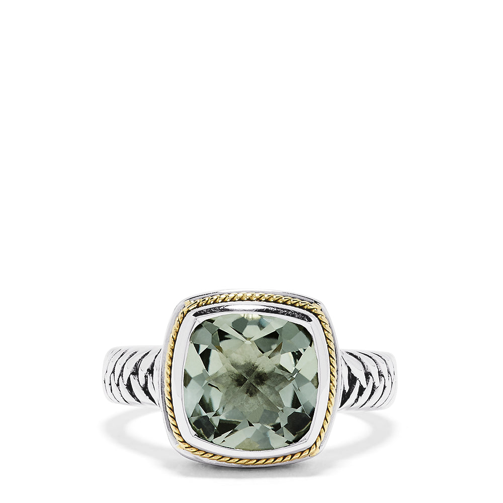 The 925 Sterling Silver and 18K Yellow Gold Green Amethyst Ring, 3.90 TCW, showcases a cushion-cut pale green gemstone bordered by yellow gold and set on textured sterling silver bands.
