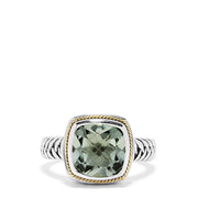 The 925 Sterling Silver and 18K Yellow Gold Green Amethyst Ring, 3.90 TCW, showcases a cushion-cut pale green gemstone bordered by yellow gold and set on textured sterling silver bands.