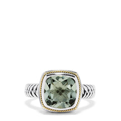 The 925 Sterling Silver and 18K Yellow Gold Green Amethyst Ring, 3.90 TCW, showcases a cushion-cut pale green gemstone bordered by yellow gold and set on textured sterling silver bands.
