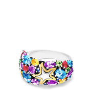 The Seaside Sterling Silver Multi Gemstone Starfish Ring, 5.66 TCW, features a bold gold starfish and sparkling gemstones in vivid blue, green, red, purple, and yellow hues inspired by Effy Seaside.