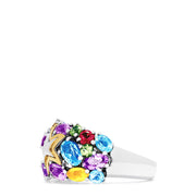 The Seaside Sterling Silver Multi Gemstone Starfish Ring, 5.66 TCW, features a bold gold starfish and sparkling gemstones in vivid blue, green, red, purple, and yellow hues inspired by Effy Seaside.