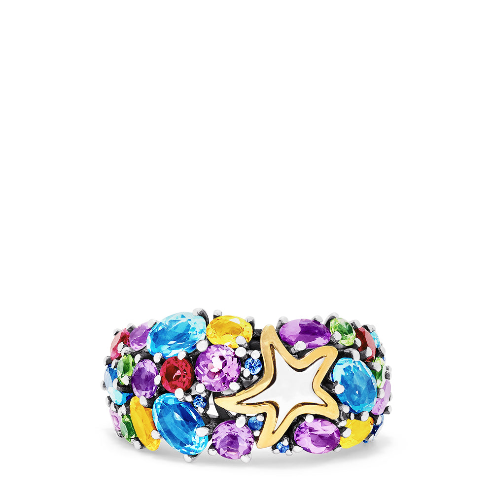 The Seaside Sterling Silver Multi Gemstone Starfish Ring, 5.66 TCW, features a bold gold starfish and sparkling gemstones in vivid blue, green, red, purple, and yellow hues inspired by Effy Seaside.
