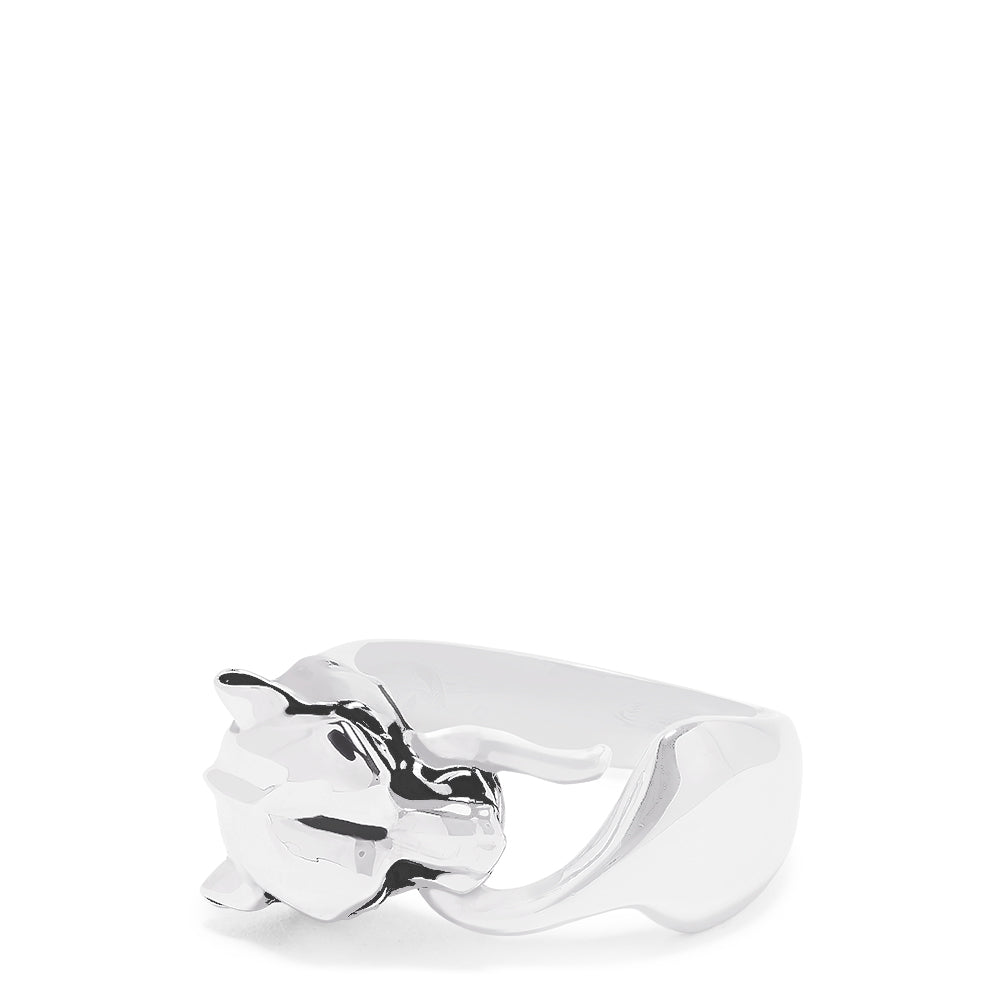 The Mens Sterling Silver Signature Panther Ring features an abstract, organic-shaped design with smooth curves and an asymmetrical form. This ring is shown against a plain white background.