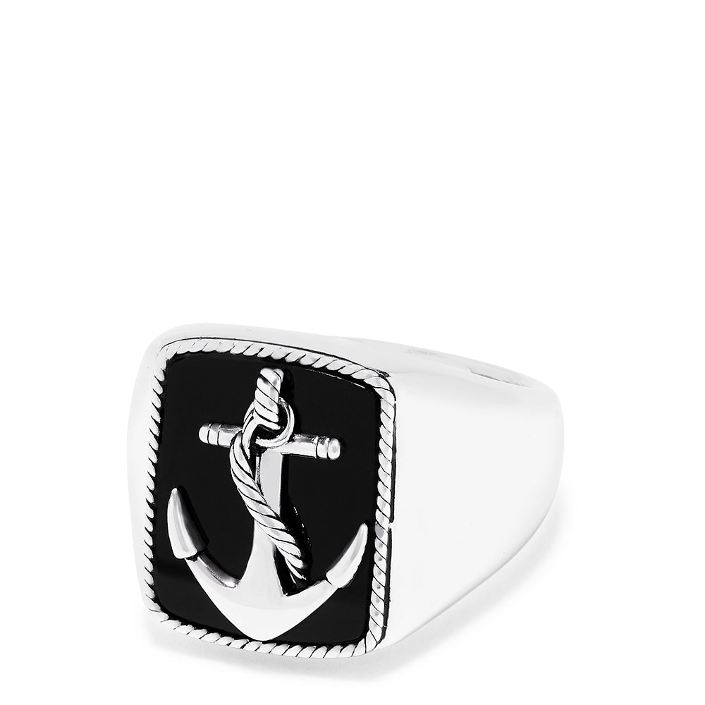Mens Sterling Silver Onyx Anchor Ring, 6.00 TCW: Features a rectangular black onyx face with a raised, rope-wrapped anchor framed by a twisted silver border.