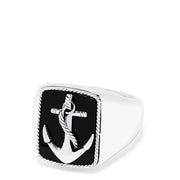 Mens Sterling Silver Onyx Anchor Ring, 6.00 TCW: Features a rectangular black onyx face with a raised, rope-wrapped anchor framed by a twisted silver border.