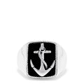 Mens Sterling Silver Onyx Anchor Ring, 6.00 TCW: Features a rectangular black onyx face with a raised, rope-wrapped anchor framed by a twisted silver border.