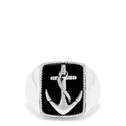 Mens Sterling Silver Onyx Anchor Ring, 6.00 TCW: Features a rectangular black onyx face with a raised, rope-wrapped anchor framed by a twisted silver border.