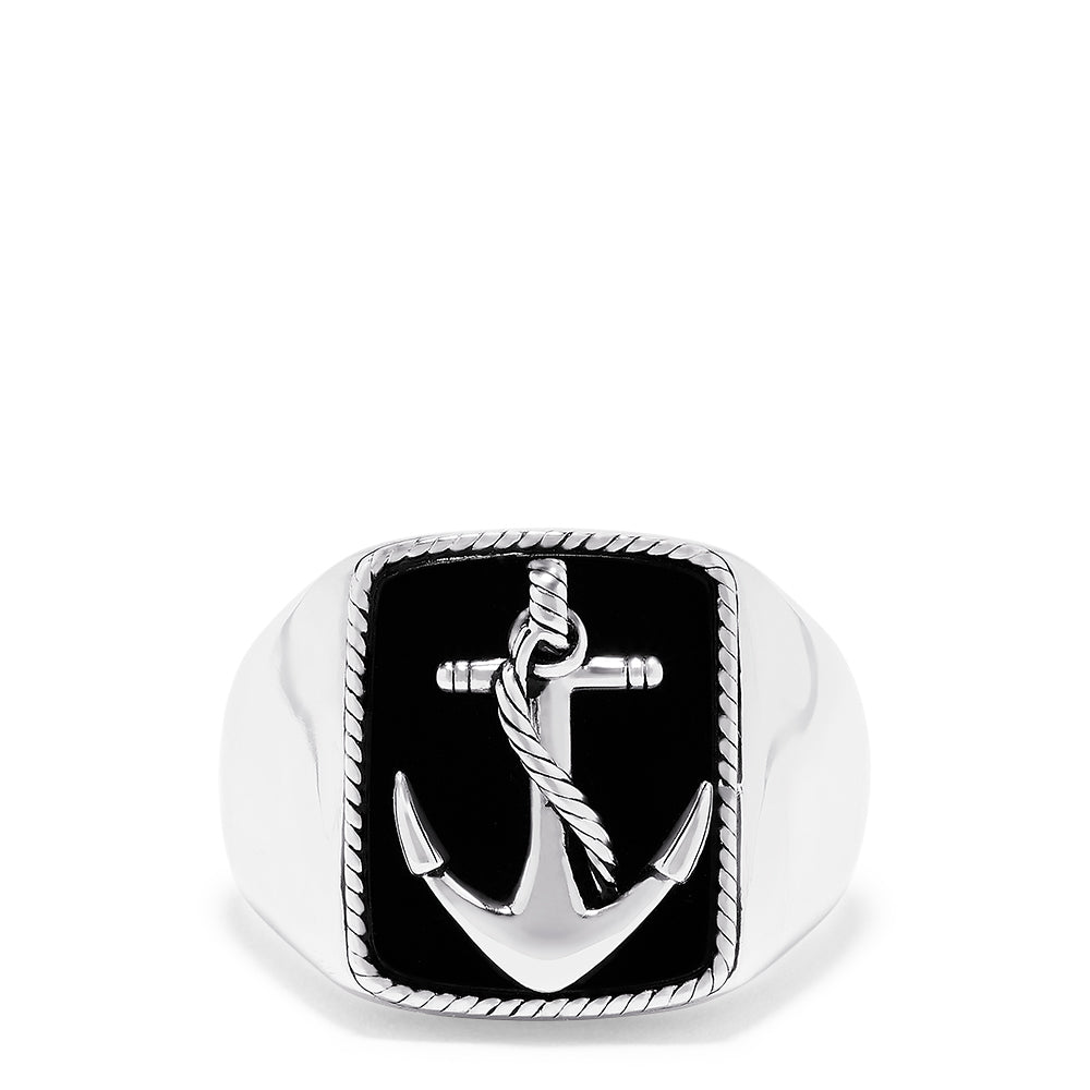 Mens Sterling Silver Onyx Anchor Ring, 6.00 TCW: Features a rectangular black onyx face with a raised, rope-wrapped anchor framed by a twisted silver border.