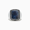 A bold Mens Sterling Silver Pietersite Ring, 6.00 TCW, showcases a large rectangular blue stone with marbling, set in a textured silver frame against a plain white background.