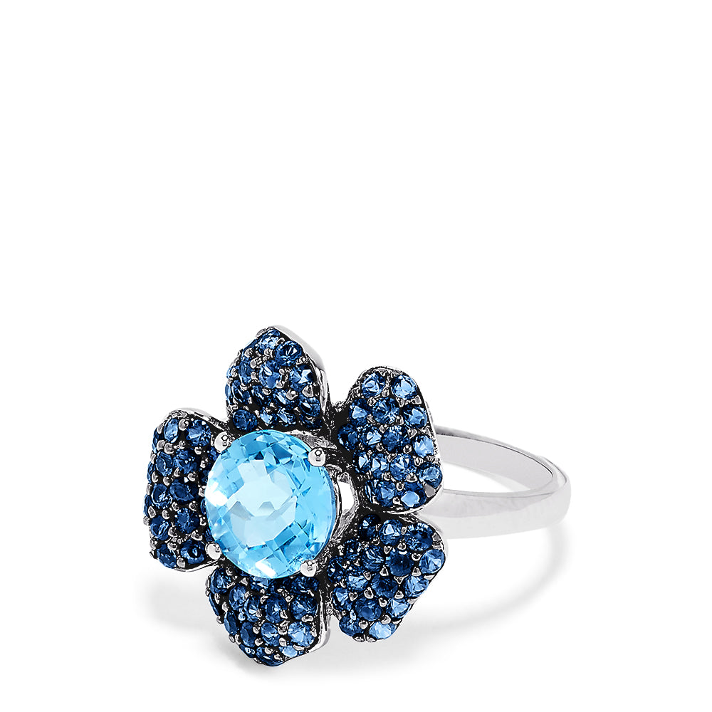 Effy 14K White Gold Blue Topaz and Sapphire Flower Ring, 3.84 TCW