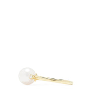 The 14K Yellow Gold Cultured Pearl and Diamond Accented Ring, 0.05 TCW, features a large round cultured pearl at the center with diamond accents on each side, shown on a plain white background.